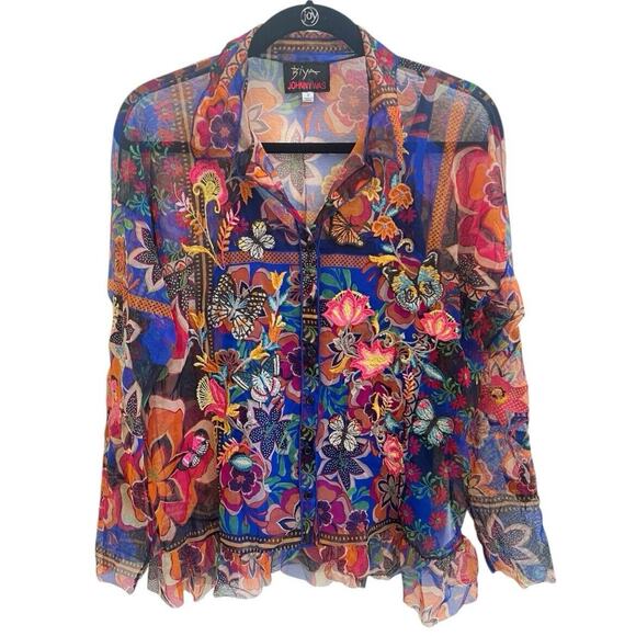 Johnny Was NWOT Mazzy Mesh Blouse Button Down Ruffles Sz S Long Slv Embroidered - Picture 1 of 7